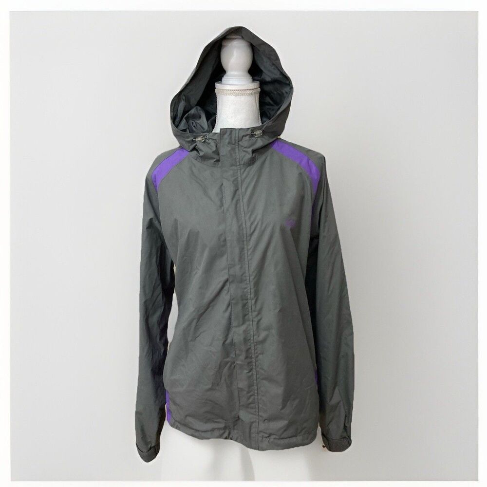 Coleman Rain Jacket Women L XL Gray Purple Hooded Windbreaker Outdoor Coat